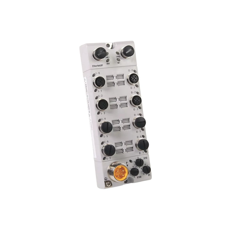 Módulo Allen-Bradley 1732E-OB16M12R com saídas DC, conectores M12 e Ethernet/IP para automação industrial.