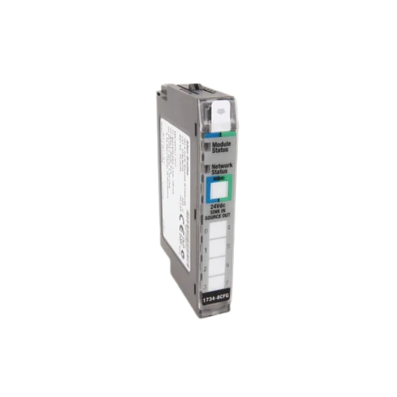 Módulo Allen-Bradley 1734-8CFG, 8 pontos configuráveis, 24V DC, usado em automação para controle eficiente.