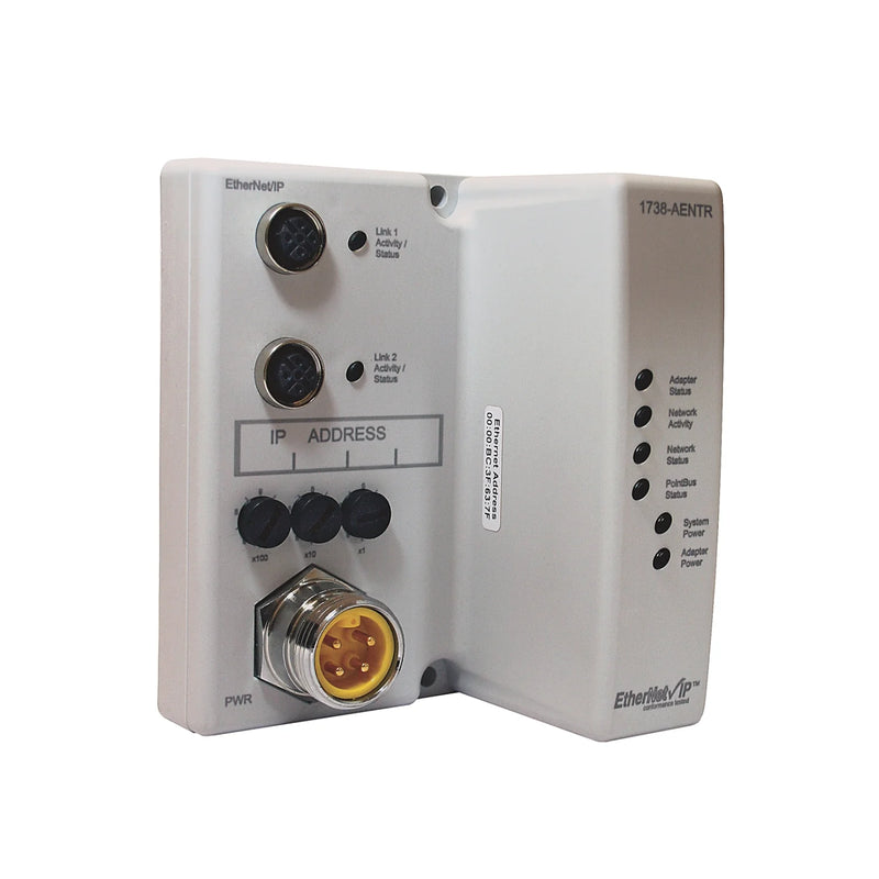 Adaptador Allen-Bradley 1738-AENTR com comunicação EtherNet/IP e design robusto para ambientes industriais.