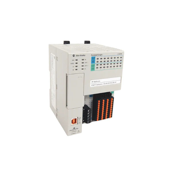 Controlador Allen-Bradley 1769-L18ERM-BB1B com 512 KB, I/O integrado, Ethernet dupla e suporte a movimento para controle industrial.