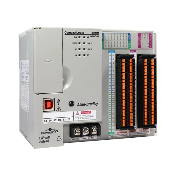 Controlador Allen-Bradley 1769-L24ER-QBFC1B com 750KB, 16 DI, 16 DO, 4 AI, 2 AO, e portas Ethernet duplas.