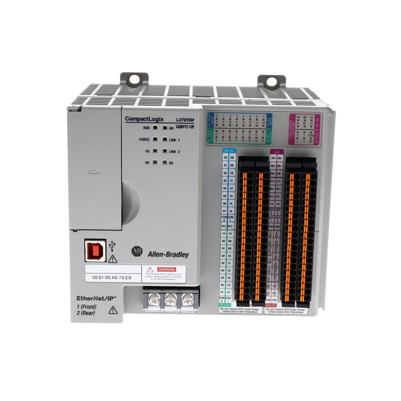 Controlador CompactLogix Allen-Bradley 1769-L27ERM-QBFC1B, 1MB, I/O integrado, Ethernet dual, movimento CIP, porta USB.