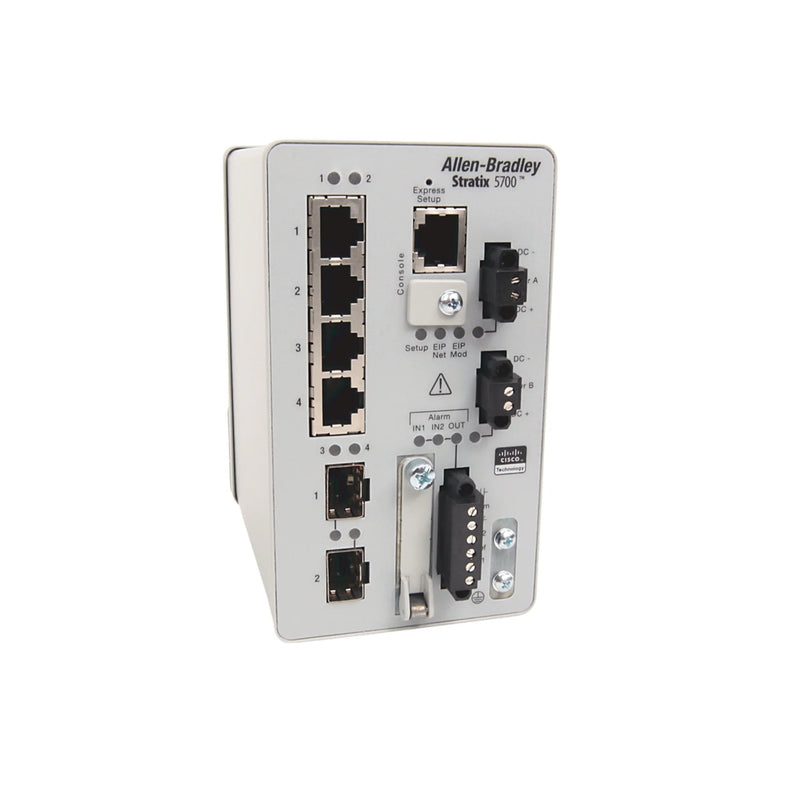 Switch Ethernet Stratix 5700 da Allen-Bradley, 6 portas, maximizando conectividade eficiente para redes industriais.