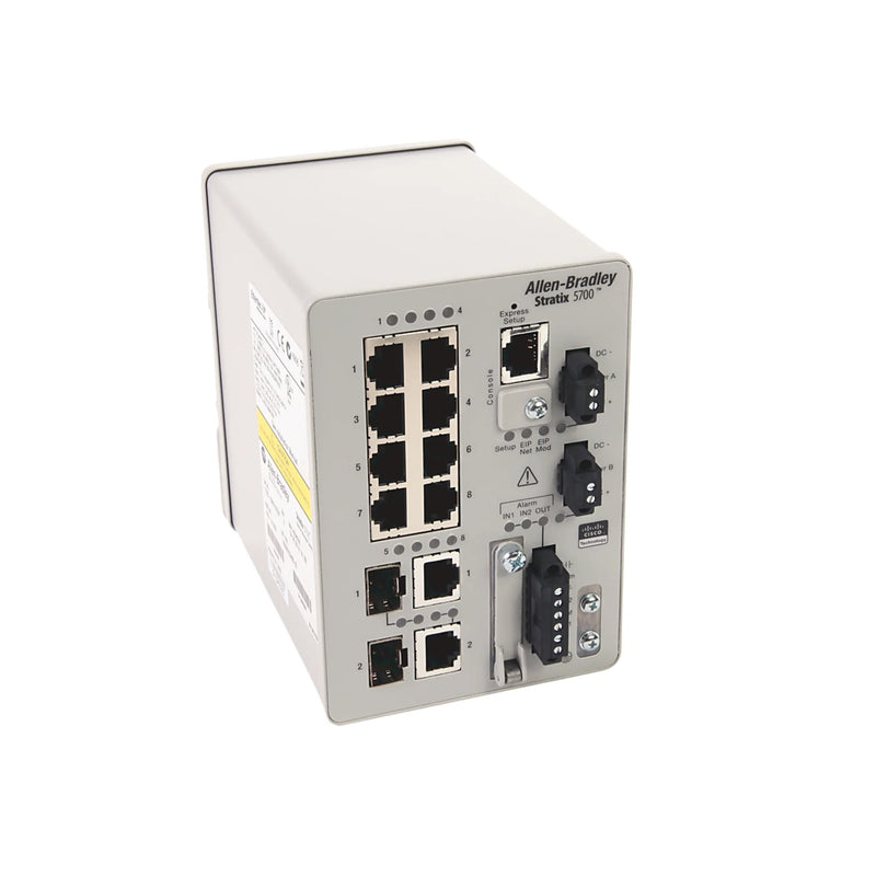 Switch gerenciado Ethernet Allen-Bradley 1783-BMS10CGP, 10 portas, para conexão de rede industrial segura e estável.