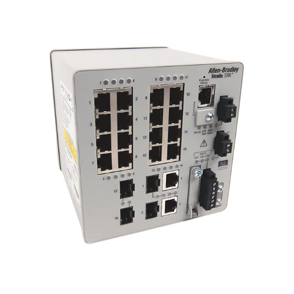 Switch Ethernet gerenciado Allen-Bradley com 20 portas para redes industriais seguras e eficazes.