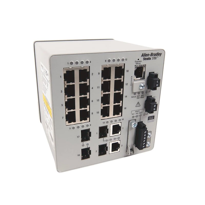 Switch Ethernet Allen-Bradley 1783-BMS20CGP de 20 portas para redes industriais seguras e conectividade flexível.