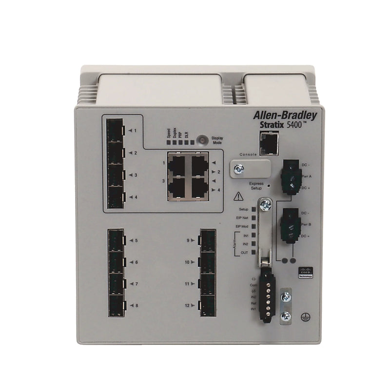 Switch Allen-Bradley 1783-HMS8SG4CGR Stratix 5400, 8 slots SFP, 4 portas combo, Camada 3, montagem DIN