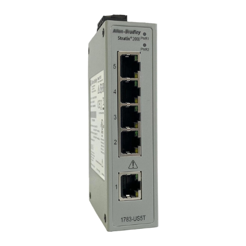 Switch Ethernet não gerenciado Allen-Bradley 1783-US05T com 5 portas, montagem DIN, rede industrial simples.