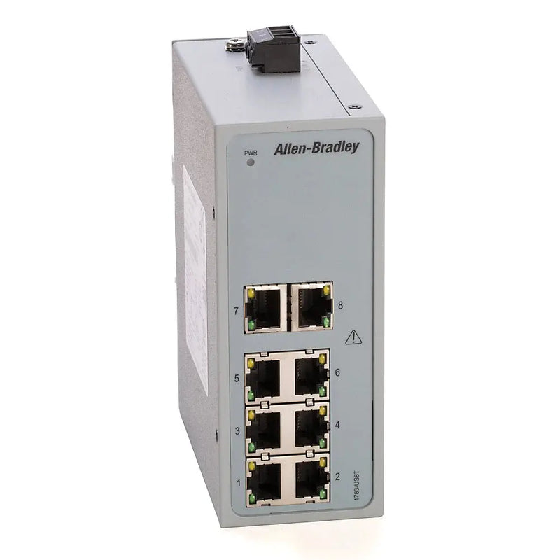 Switch Ethernet industrial compacto Allen Bradley 1783-US8T para comunicação de alta velocidade em automação industrial.