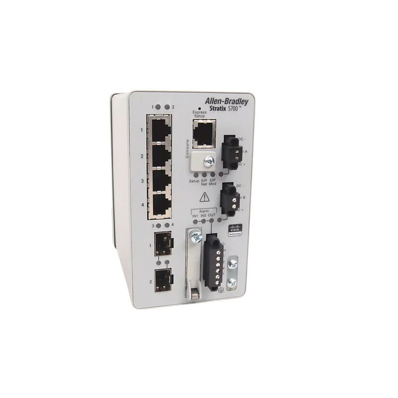 Switch Ethernet Gerenciado Stratix 5700 com 4 portas RJ45 e 2 slots SFP para automação industrial.
