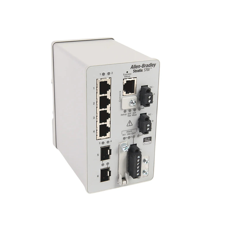 Switch Ethernet Allen-Bradley 1783-BMS06SL com 4 portas rápidas e opções de montagem industrial robustas.