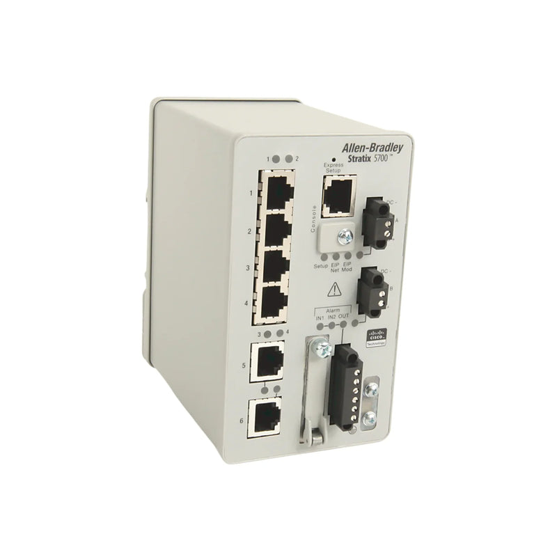 Switch Allen-Bradley 1783-BMS06TL, ideal para automação e controle industrial com 6 portas Ethernet.