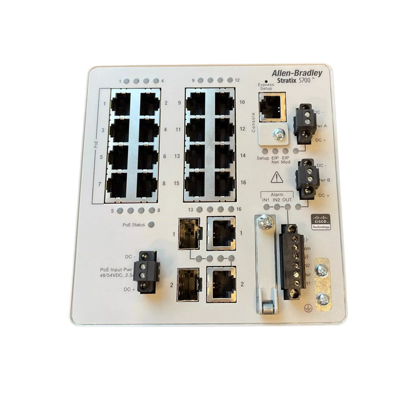 Switch Ethernet Gerenciado da Allen-Bradley com conectividade segura e suporte PoE e DLR para automação industrial.