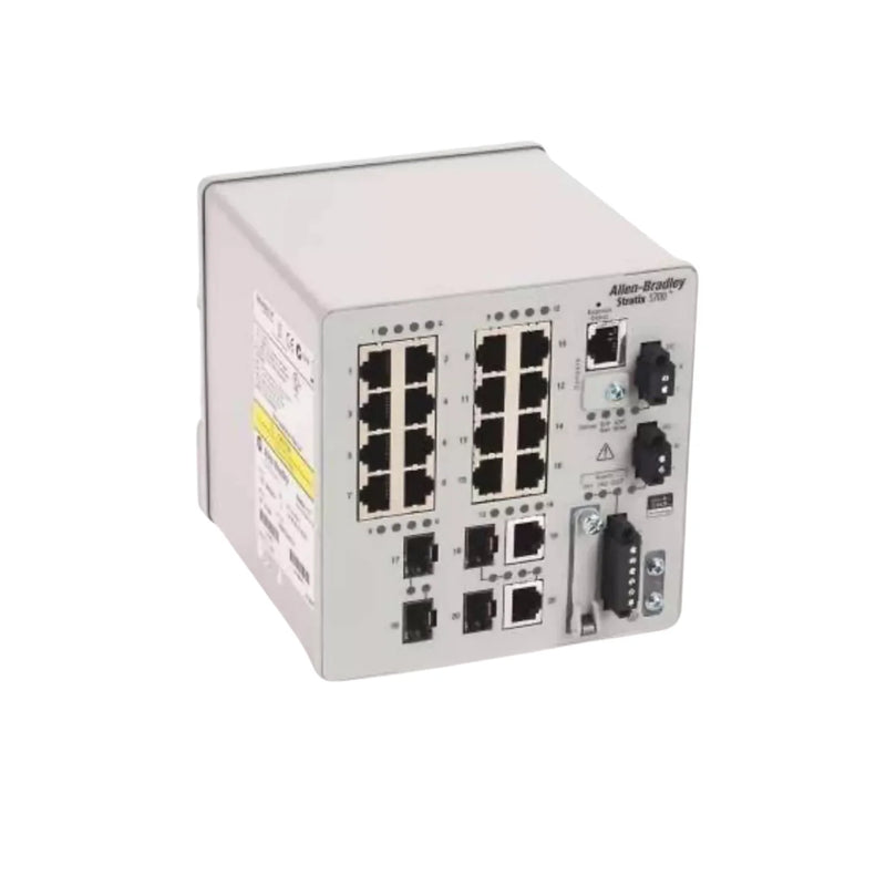 Switch Ethernet gerenciado de alto desempenho Allen-Bradley, ideal para redes de automação industrial com portas de alta velocidade.