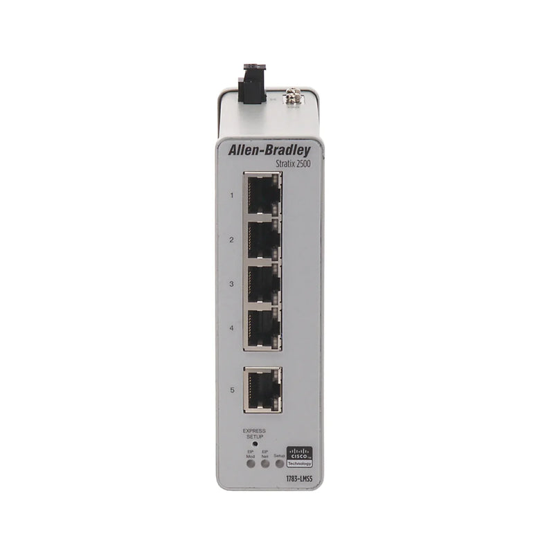 Switch Ethernet Allen Bradley 1783-LMS5, 5 portas RJ45, potência DC 12-24V, montagem em trilho DIN.