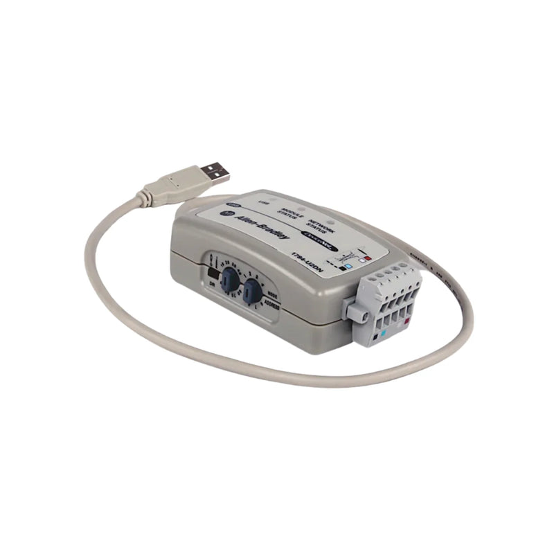 Adaptador Allen-Bradley 1784-U2DN conecta via USB a rede DeviceNet, com cabo USB de 0,61m incluído