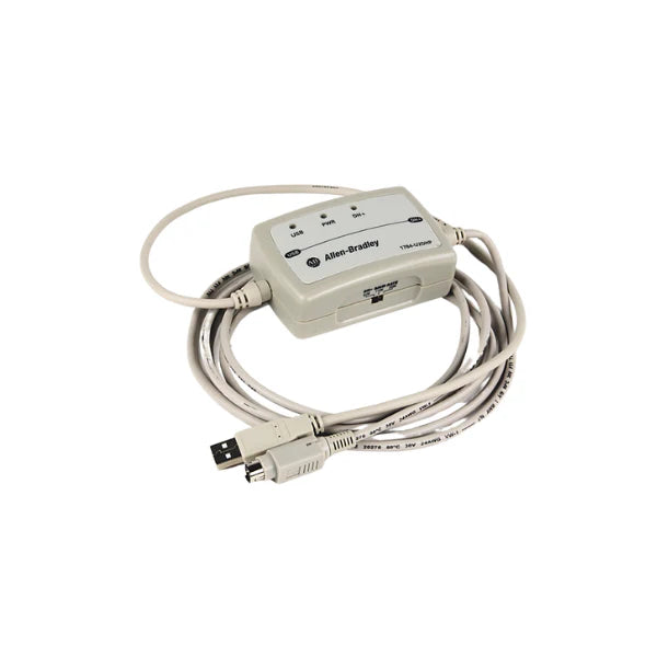 Adaptador USB Allen-Bradley 1784-U2DHP para conexão em redes DH+, ideal para PLCs antigos.