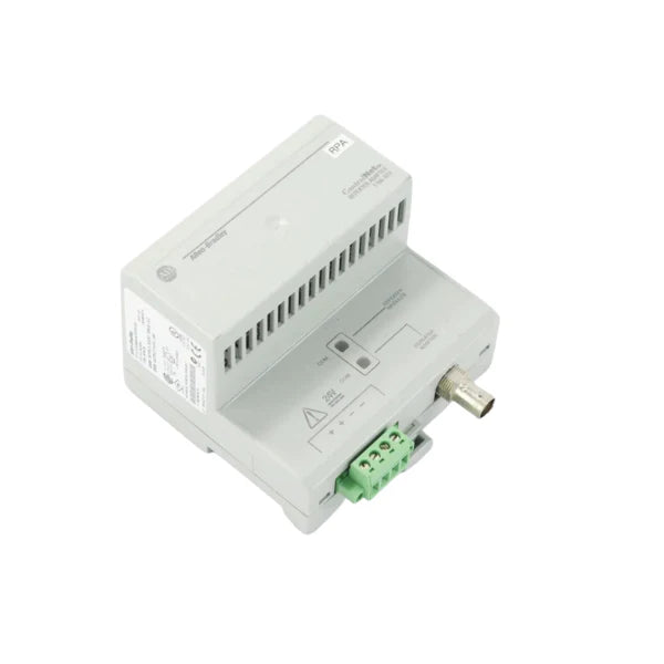 Adaptador repetidor ControlNet, montado em trilho DIN, suporte módulos coaxiais e fibra para redes industriais escaláveis.
