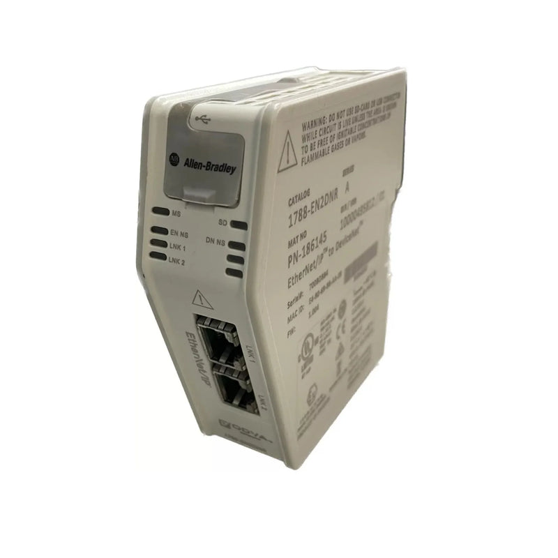 Módulo Allen-Bradley 1788-EN2DNR conecta EtherNet/IP e DeviceNet com suporte DLR, garantindo redundância.