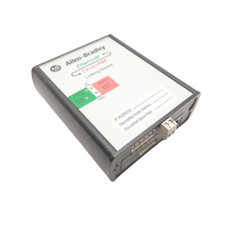 Dispositivo de ligação Allen-Bradley, conecta networks EtherNet/IP e DeviceNet, ideal para automação industrial.