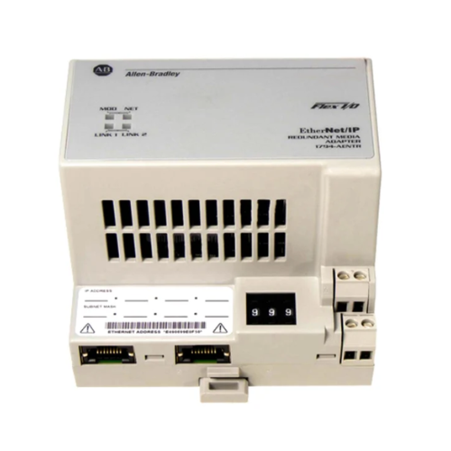 Adaptador Allen-Bradley 1794-AENTR para I/O FLEX com portas Ethernet duplas e suporte DLR para controle distribuído.