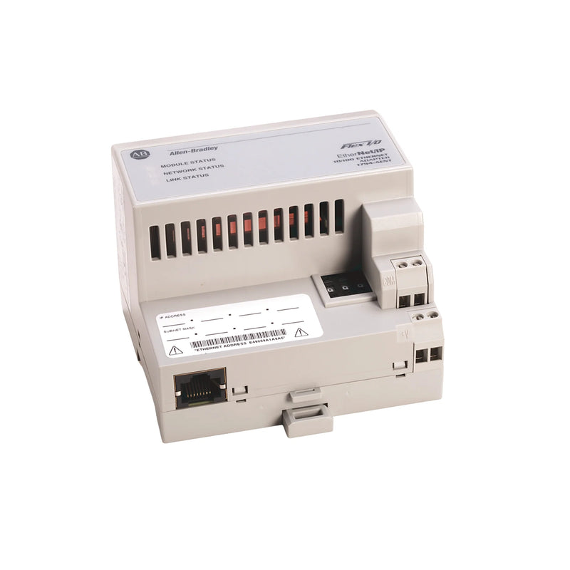 Adaptador Ethernet Allen-Bradley 1794-AENT para Flex I/O, habilitando comunicação I/O remota em sistemas de automação industrial.