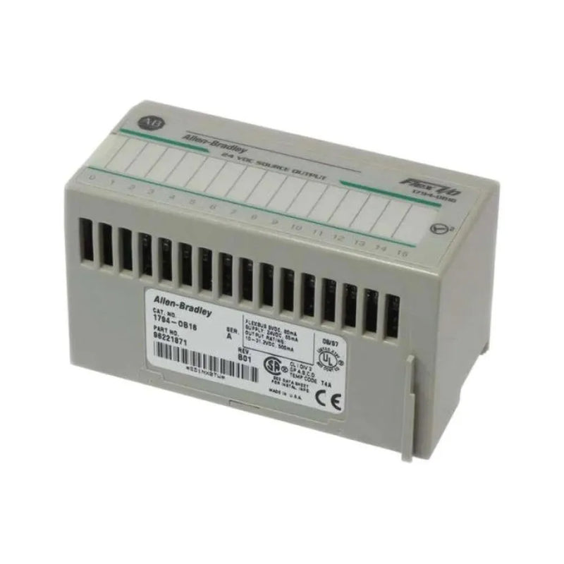 Módulo Allen-Bradley 1794-OB16 com 16 saídas digitais a 24V DC, design compacto para automação industrial.