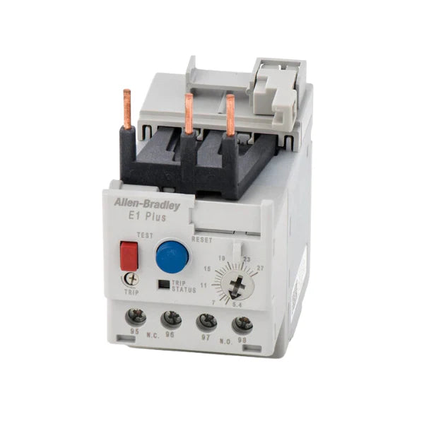 Relé Allen Bradley 193-ED1EB protege motores com ajuste de 5,4-27A e reset manual, ideal para sobrecarga fixa classe 10.