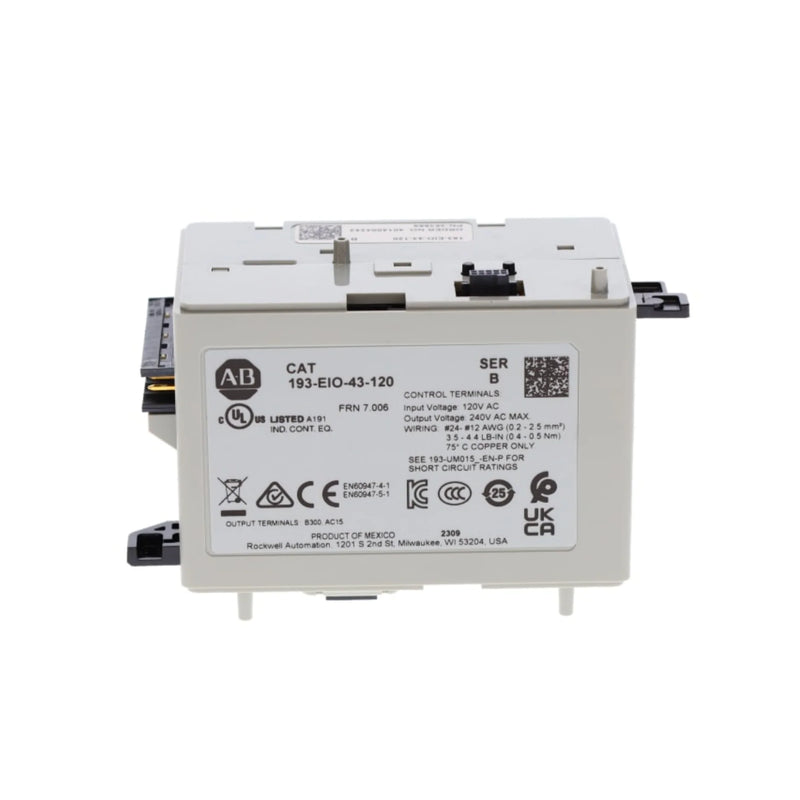Módulo de Controle Allen-Bradley 193-EIO-43-120 com 4 entradas e 3 saídas para proteção de motores industriais.