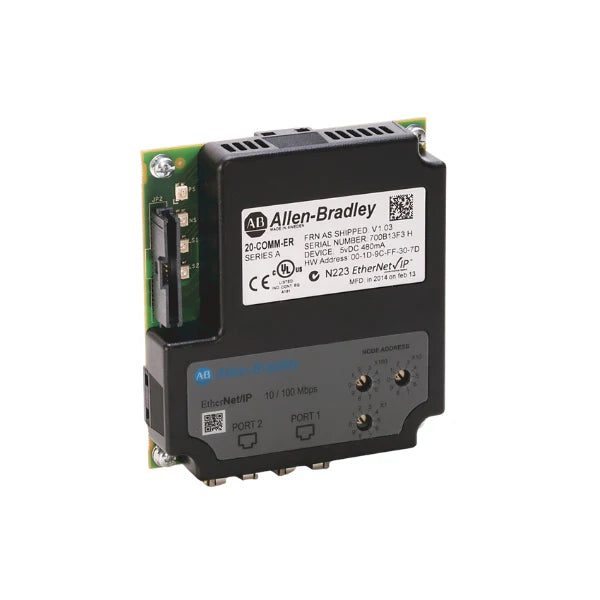 Módulo adaptador Allen-Bradley 20-COMM-ER para drives PowerFlex, controlando motores em rede