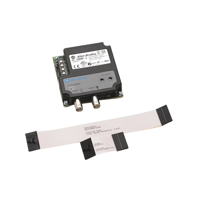 Adaptador Allen-Bradley 20-COMM-C para integrar PowerFlex ao ControlNet em sistemas industriais.