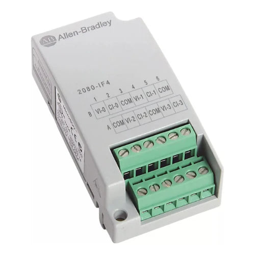 Módulo plug-in Allen-Bradley 2080-IF4 Micro800 com 4 entradas, suporta sinais de tensão ou corrente para sistemas automação.