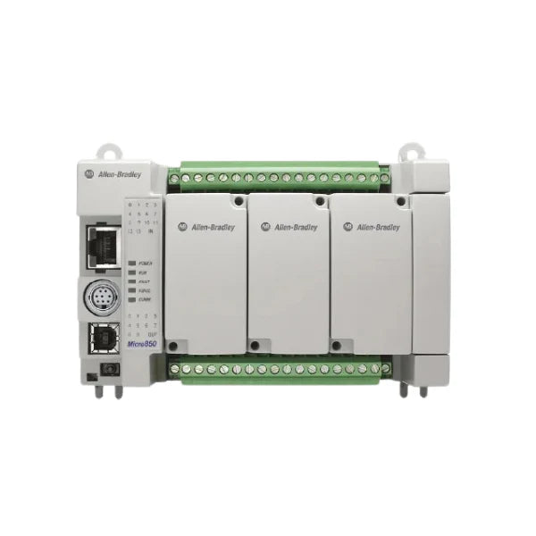 Controlador PLC Micro850, 50 I/O, 24V DC, Ethernet, com entradas e saídas digitais e analógicas embutidas.