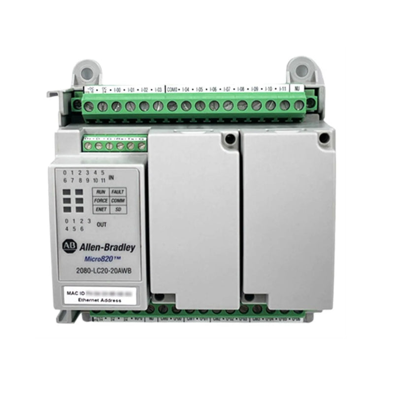 Controlador Allen-Bradley 2080-LC20-20AWBR: PLC Micro820, 8 entradas AC, 7 saídas de relé, I/O analógico, Ethernet, 24V DC