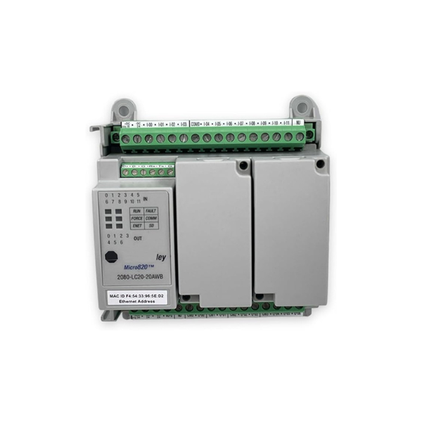 Controlador Allen-Bradley Micro820 2080-LC20-20AWB com 20 I/O, entradas analógicas e potência 24V DC, para automação industrial.