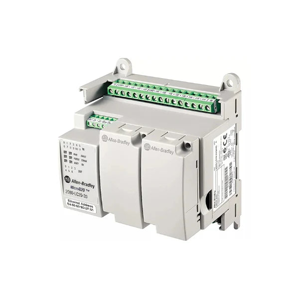 Allen-Bradley 2080-LC20-20QWBR: PLC Micro820 com entradas e saídas versáteis para controle autônomo.