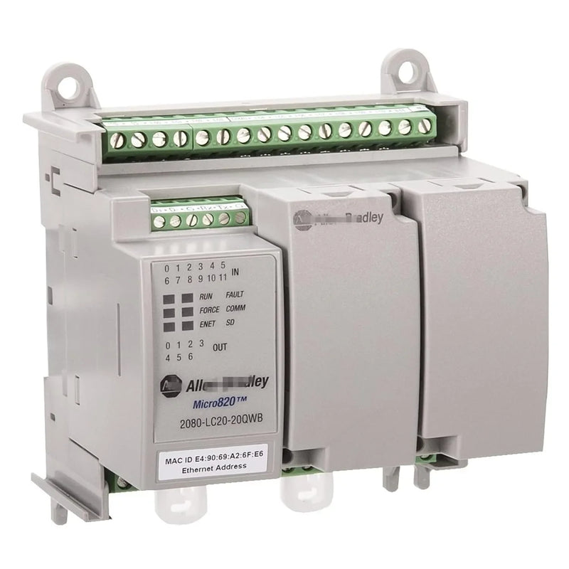 Controlador Allen-Bradley Micro820, 20 E/S, 24V DC, relés, I/O analógicos, Ethernet, microSD suportado.