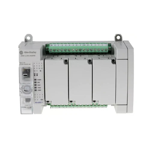 Controlador Micro850 Allen-Bradley com 24 I/O, Ethernet, saídas de relé, contadores de alta velocidade e suporte a expansão.