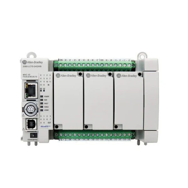 CLP Allen-Bradley 2080-LC70-24QWB Micro870 com 24 E/S integradas para controle automatizado em ambiente industrial.