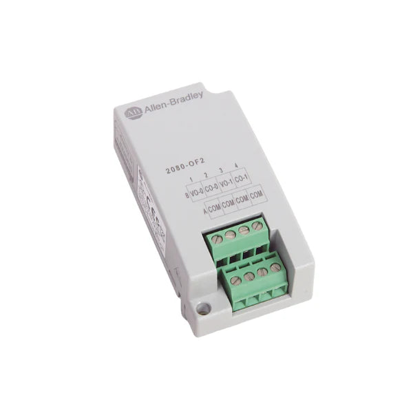 Módulo de Saída Analógica 2080-OF2 para controladores Micro800, duas saídas 0-20mA ou 0-10V, prático e eficiente.