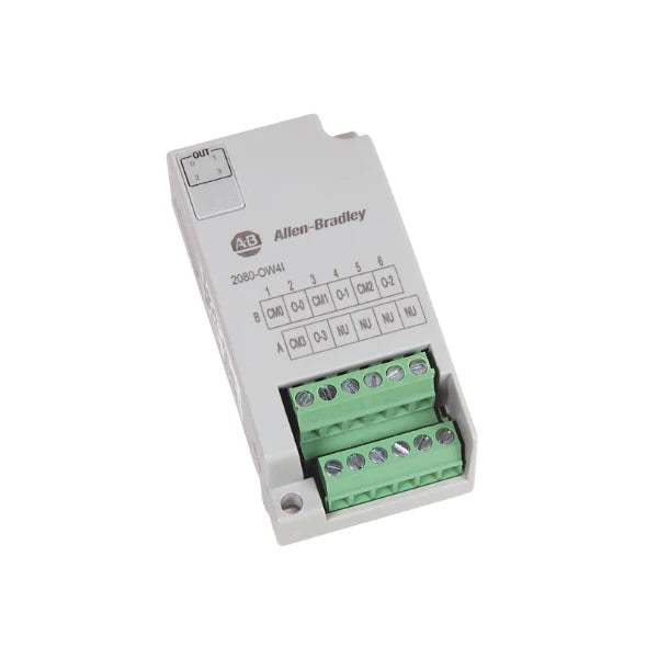 Módulo plug-in com 4 saídas de relé isoladas, adequado para controle de carga AC/DC em automação industrial.