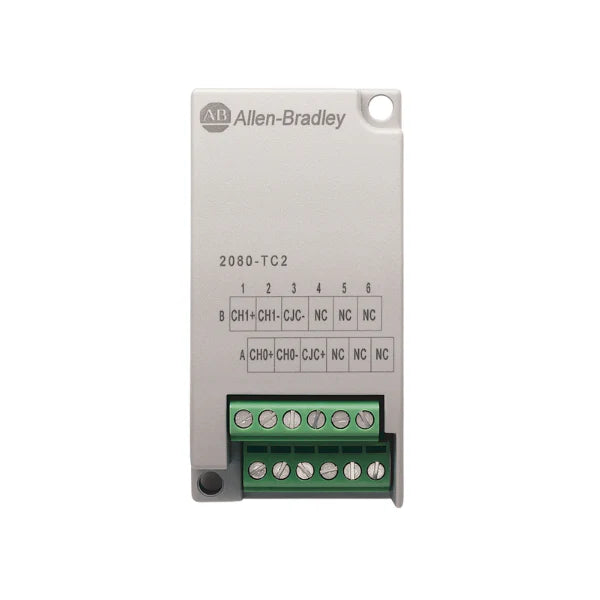 Módulo Allen-Bradley 2080-TC2 para medição precisa de temperatura com termopares em controladores Micro800.