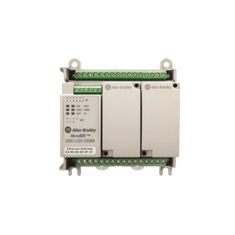 Controlador lógico programável Allen Bradley 2080-LC20-20QBBR compacto com Ethernet para automação industrial eficiente.