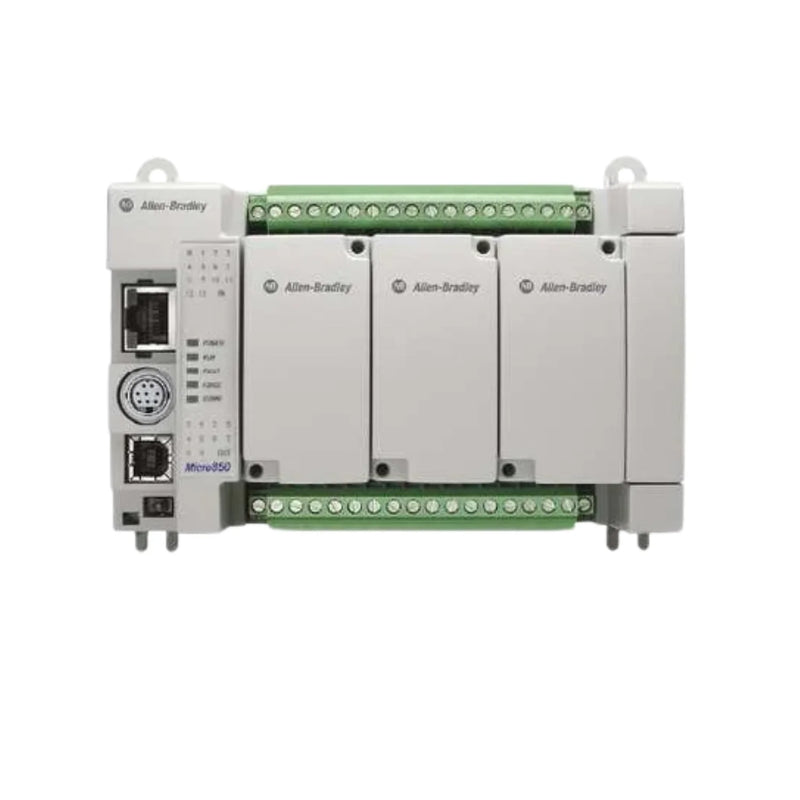 Controlador Allen-Bradley 2080-LC50-24QVB Micro850 para automação com entradas/saídas digitais e fonte 24V DC.