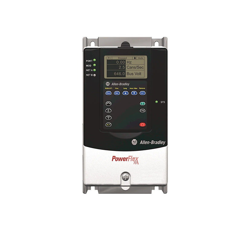 Controle de motor Allen-Bradley PowerFlex 70, 240V, 0.5HP ND/0.33HP HD, compacto, IP20, econômico.