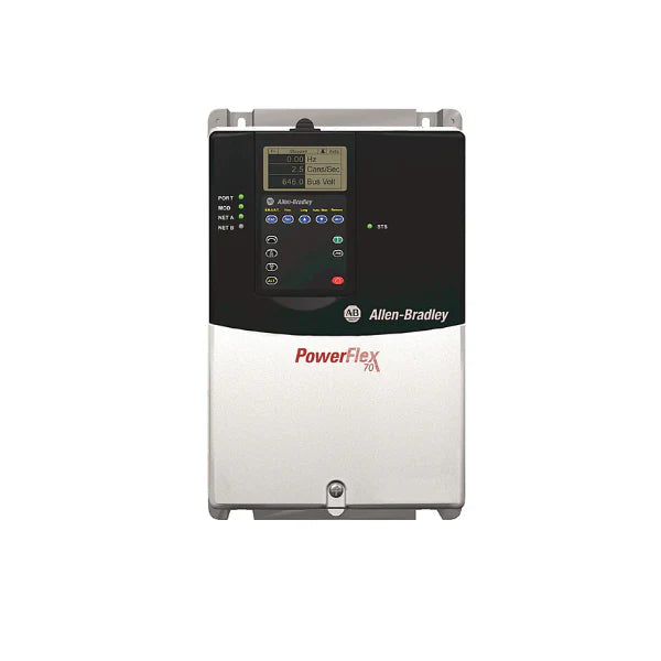 Drive Allen-Bradley 20AC5P0A0AYNANC0 PowerFlex 70 CA para aplicações industriais variadas, robustez e eficiência.