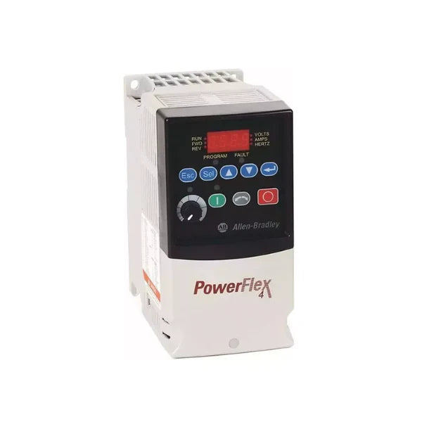 Drive Allen-Bradley PowerFlex 4 AC 240VAC com display LED, RS485, potência 0,37kW para controle motor industrial.