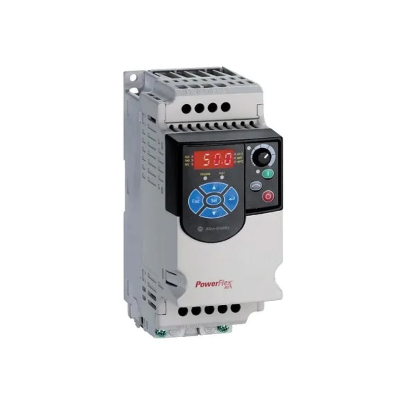 Inversor AC Allen-Bradley 22F-A2P5N113, entrada 240V, saída 2.5A, 0.5 HP, teclado fixo, display LED, filtro interno.