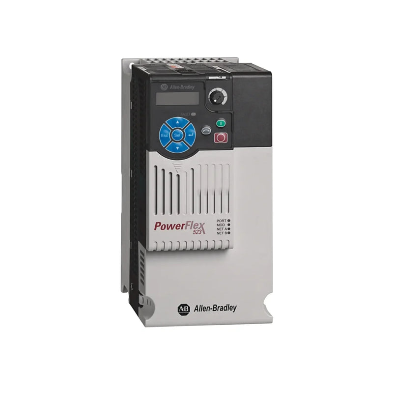 Drive Allen-Bradley PowerFlex 523 com filtro EMC e freio IGBT, potência de 5,5 kW, montagem em painel trifásico.