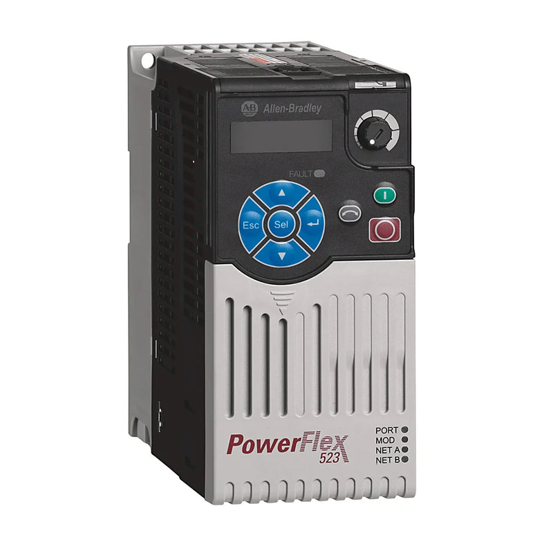 Inversor de frequência AC, 1 HP, 480V, 2.3A, estrutura A, IP20, controle compacto de motores.